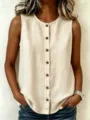 Casual women beige sleeveless linen button-up top, summer round neck blouse variant. - S / Apricot