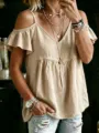 Loose casual cotton linen ruffle sleeve strap V-neck women blouse in khaki color variant. - S / Apricot