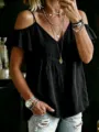 Casual black cold shoulder V-neck ruffle sleeve loose linen top for women daily wear. - Black
