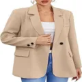 Detalle de blazer de mujer caqui, cuello con solapa, manga larga, estilo de negocios. - S / Albaricoque