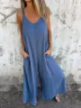 Casual loose women's cotton linen V-neck sleeveless strap jumpsuit with side pockets. - S / Sapphire Blue