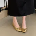 Chic sequin bow Mary Jane flat shoes for women, elegant low-cut ballet flats, gold sparkle. - 35 / Gold