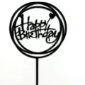 Adorno para tarta de feliz cumpleanos en acrilico negro con circulos y corazones. - Negro