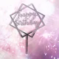 Γεωμετρικό topper τούρτας από ακρυλικό Happy Birthday διακόσμηση για πάρτι - Ασημί
