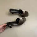 Detailed view of brown velvet square toe kitten heel mules, elegant slip-on footwear design. - 35 / Gray