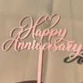 Pink acrylic Happy Anniversary cake topper for wedding celebration and romantic party decor. - Cursive Art Script Pink Anniversary