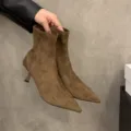 Bottines pointues marron en suédine pour femmes, élégantes chaussures d'hiver à talon fin. - 35 / D918-1 Café foncé, doublure simple, 3 cm
