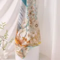 Silk scarf for women, elegant floral print, multi-color silk fabric, stylish neck wrap or shawl. - 86*86cm / Misty Blue and White Light Blue