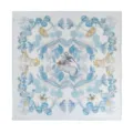 Elegant blue mulberry silk square scarf featuring delicate botanical and animal pattern. - Beige Base Blue Print