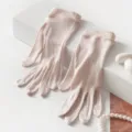 Light pink silk gloves, thin knit five-finger sunscreen gloves for spring and summer wear. - Beige