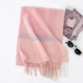 Cozy pink winter plaid scarf with fringe detail, soft wool blend accessory for women. - Light Pink Blue Plaid