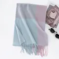 Color-block wool scarf winter warm cozy fringe tassel fashion neck warmer accessory - Light Lake Blue Plaid