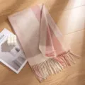 Cozy pink and beige plaid winter scarf with elegant fringe tassels, soft and warm daily wear. - Camel Pink Plaid