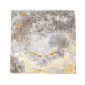 Luxury silk scarf for women featuring elegant tropical jungle and architectural print design. - Yellow Coffee Tropical