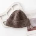 Brown grid knit beanie hat, cozy wool blend winter cap, stylish couple korean fashion warm. - Dark Coffee