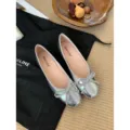 French square toe bow flat ballet shoes for women versatile soft sole silver casual wear chic - 35 / Silver