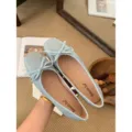 Light blue square toe flat ballet shoes for women with cute bow, soft sole casual daily wear. - 35 / Blue