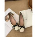 French square toe shallow bow flat ballet shoes for women, versatile soft sole casual footwear. - Beige-Black