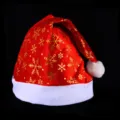 Red Christmas hat with gold snowflake print and white plush trim for holiday party decor. - Gold Snowflake