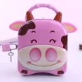 Süße Cartoon Kuh Sparschwein mit Schloss Blech Spardose Kinder kreative Geldkassette Geschenk - Rosa