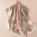 Detailed view of the silk wool triangular scarf with exquisite double-sided print. - Double-Sided Tropical Plant