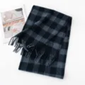 Classic navy blue plaid wool scarf with fringe, soft and warm winter accessory for women. - FHY24-7057-5 Navy Striped Plaid / 180*30CM