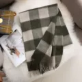 Green and grey plaid wool scarf for women, cozy winter tartan neckerchief with stylish fringe. - FHY24-7056-4 Dark Green Plaid / 180*30CM