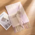 Cozy wool plaid winter scarf with fringe, soft and warm checkered neck wrap for daily wear. - Light Purple White Plaid
