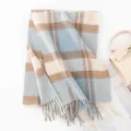 Cozy winter plaid wool scarf for women and men, stylish blue and beige color block design. - Light Blue Plaid