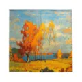 Foulard quadrato in seta con stampa artistica di paesaggio autunnale, elegante sciarpa versatile. - Foresta Dorata