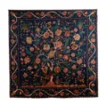 Dark blue silk square scarf with vintage botanical tree and peacock pattern for elegant women. - Navy Blue Tree of Hope