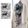 Sciarpa lunga in seta di gelso da donna elegante scialle con stampa floreale vintage - FHZ25-9695-1 Fiori di pesco a inchiostro
