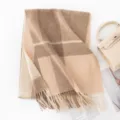 Cozy winter wool blend plaid scarf with chic fringe details, warm and stylish brown tones. - Pink Coffee Plaid