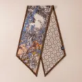 Double-sided silk wool twilly scarf featuring vintage botanical print and classic cross pattern. - Double Sided Architecture Brown