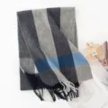 Grey blue plaid winter scarf with fringes, warm thick cozy cashmere feel plaid scarf SKU - Gray Broad Check