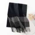 Classic black grey plaid wool scarf for winter, thick warm unisex fringe fashion accessory. - Navy Broad Check