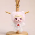 Cute plush doll keychain with pink fluffy hood and sweet strawberry embroidery, soft pendant. - Vinyl Fruit Doll Pendant / White