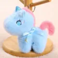 Cute blue plush unicorn keychain with pink mane tail and bow, soft toy bag charm pendant. - Blue