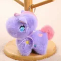Purple plush unicorn keychain, cute fuzzy pony bag charm with glitter horn and pink mane. - Purple