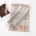 Cozy plaid cashmere scarf with fringes, elegant warm winter accessory for daily wear. - Light Gray Beige Plaid / 30*180cm