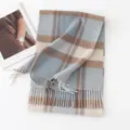 Blue brown plaid cashmere scarf winter warm tassel fringe stylish cozy ladies winter scarf - Sky Blue Beige Plaid / 30*180cm