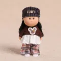 Cute mini dress-up doll with striped hat, brown knit sweater, lace skirt, and plaid pants. - 14cm / Small Potato 004