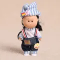 Cute mini vinyl doll toy with striped hat sweater and denim overalls for kids collection - 14cm / Small Potato 005