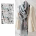 Silk scarf for women, elegant long mulberry silk scarf with vintage floral print shawl. - FHZ25-9690-1 Grey Magnolias