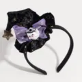 Halloween witch hat hair hoop detail, featuring cute ghost charm and purple satin bow. - Purple Curved Hat