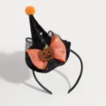 Detailed shot of Halloween witch hat headband with black velvet, orange mesh bow and pumpkin. - 3D Purple Hat