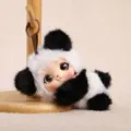 Cute vinyl face plush panda doll keychain, fluffy animal hood backpack pendant toy. - Lying Vinyl Panda Doll - Approx. 15cm/65g with Spring Ring