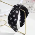 Black soccer print wide knotted fabric headband, stylish sports hair accessory for women. - Black