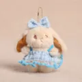 Niedlicher Plüsch Hasen Schlüsselanhänger mit blauem Karo Kleid und Schleife, Rucksack Deko. - Khakifarbener Sweetheart-Prinzessinnen-Hase