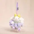 Cute plush rabbit keychain with floppy ears, yellow bow and purple plaid dress for bags. - Purple